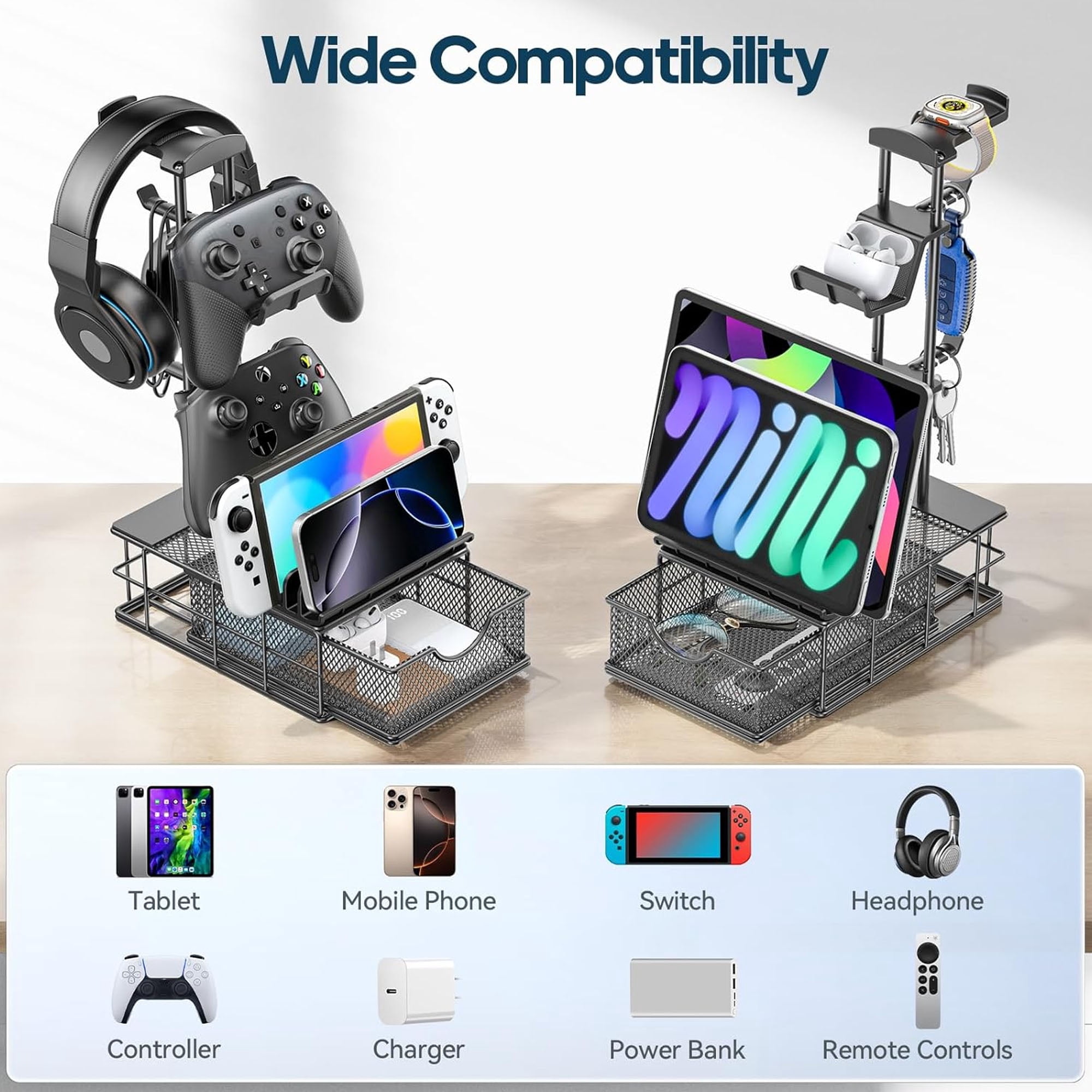 KDD Headphone Stand, Gaming Controller Holder, Desk Organizer Metal Headset Stand with Drawer Cable Organizer