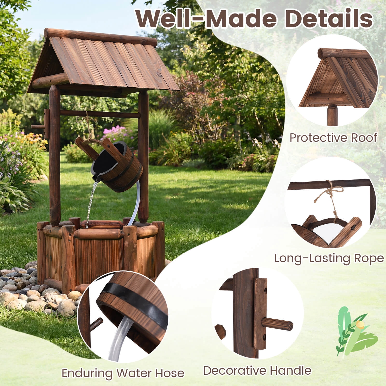 Costway Garden Rustic Wishing Well Water Fountain Wooden Outdoor Electric Backyard Pump