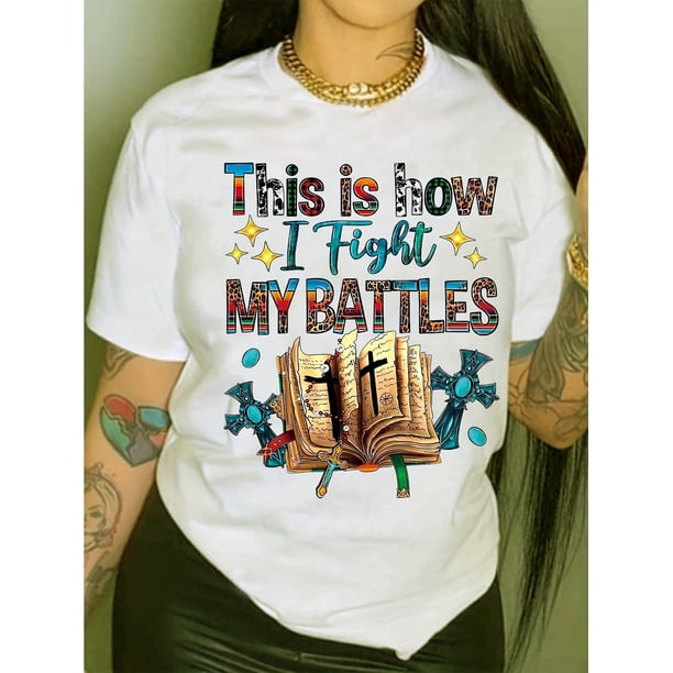 Book & Letter Print Crew Neck T-Shirt, Casual Short Sleeve Top For Spring & Summer, Women's Clothing