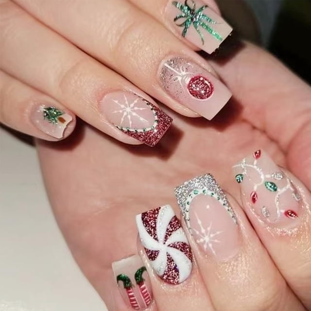 Press on Nails GUAACCB, diseño de copos de nieve cuadrados cortos navideños
