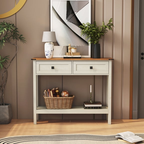 Farmhouse Console Table, Storage Console Table with 2 Drawers & Bottom Shelf for Entryway, Living Room, Hallway