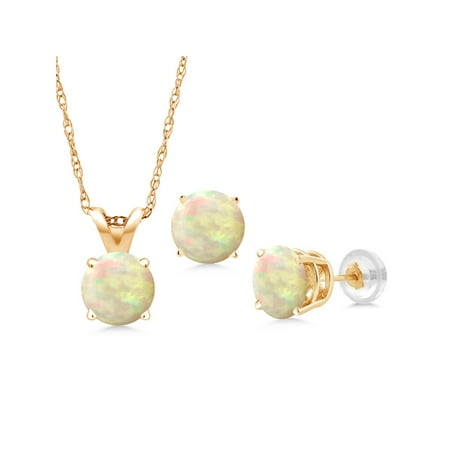 Cabochon Jewelry Set - 2.25 Ct Cabochon Ethiopian Opal 14K Yellow Gold Pendant Earrings Set With Chain