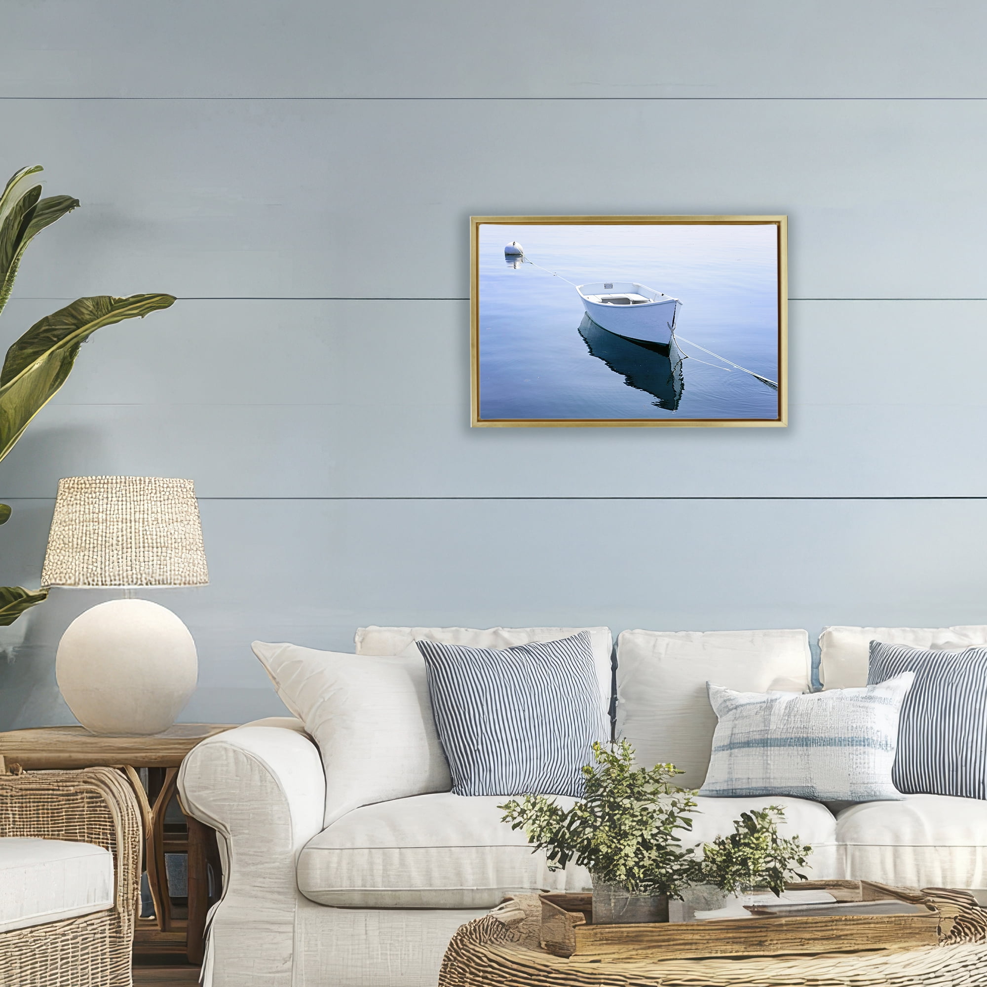 Stupell Industries Boat Tied to Dock Gold Framed Floater Canvas Wall Art, design by JLM Photographs