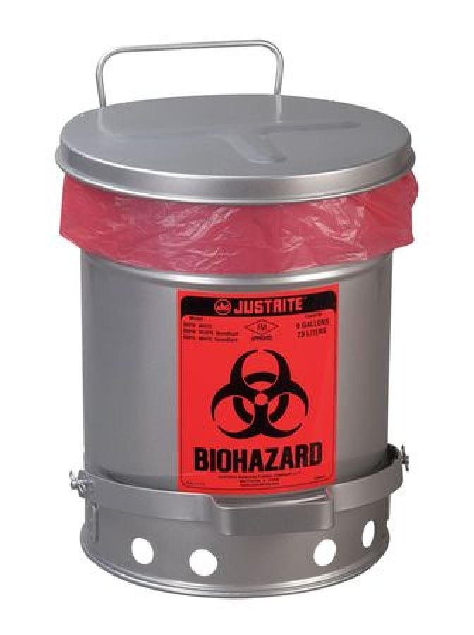 JUSTRITE 05914 Biohazard Waste Container,6 gal.,Silver