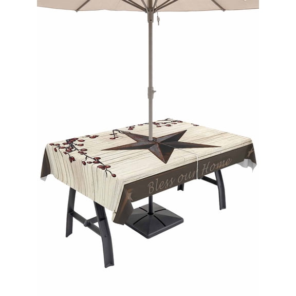 Outdoor Tablecloth with Umbrella Hole for Patio/Picnic/Party/Camping, Texas Star Brown Waterproof Table Cloth Rectangle Table Cover Washable, Farmhouse Berry Wooden Vintage (52"x 70")
