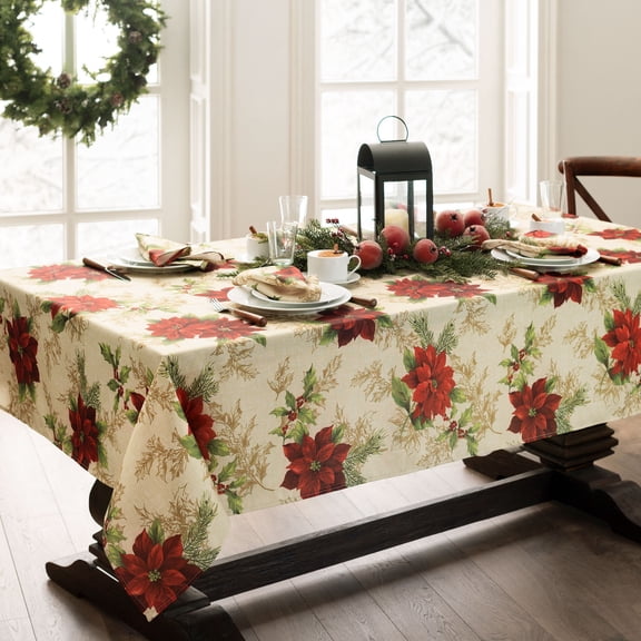 Elrene Home Fashions Festive Poinsettia Holiday Fabric Tablecloth, Multi, 52" x 70" Rectangle