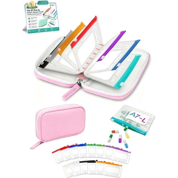 A8 Waterproof Pill Organizer Set, Waterproof Pill Pouch Set, Travel Medicine Organizers with 14 Color-Coded Pouches, Leakproof Reusable Zippered Storage Case