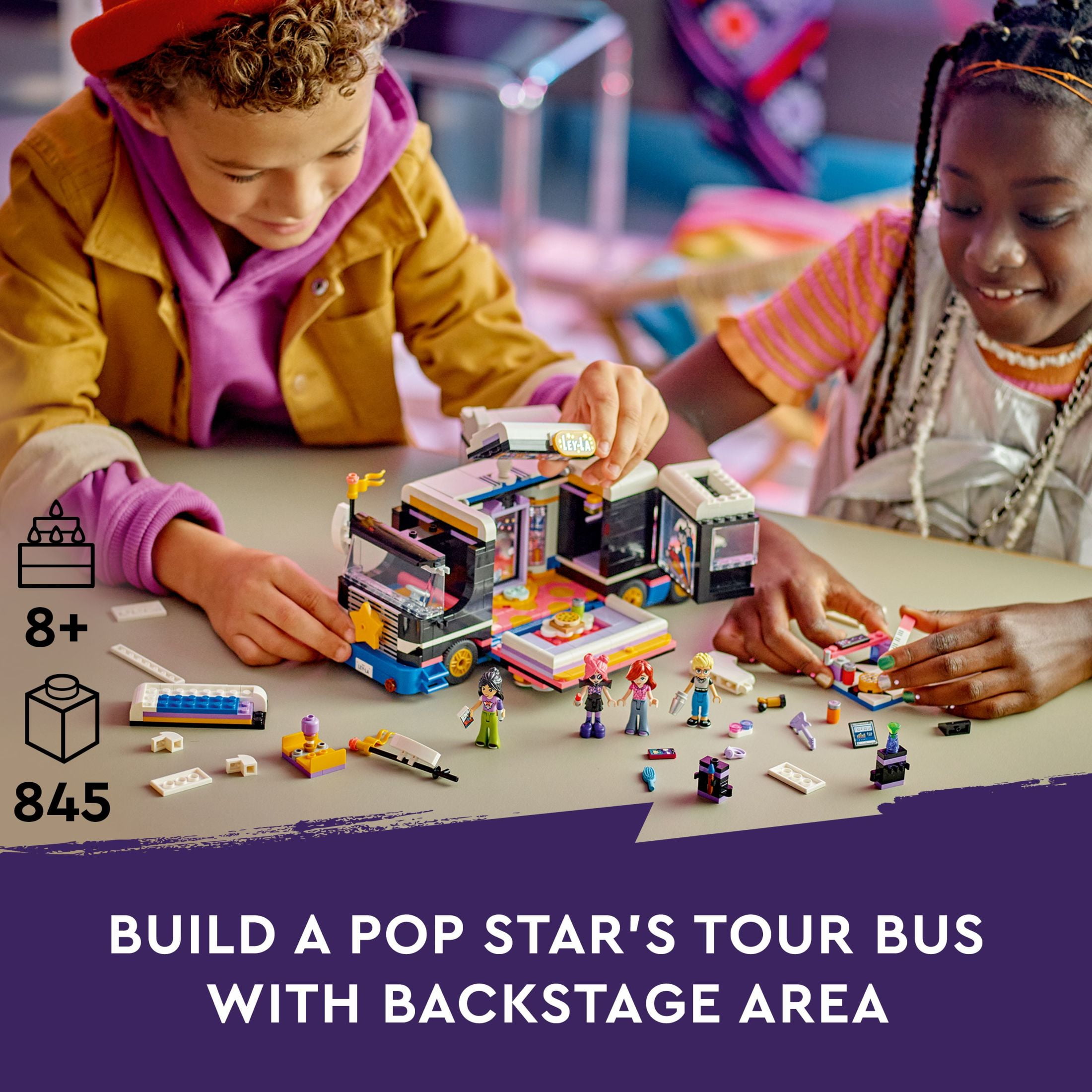 LEGO Friends Pop Star Music Tour Bus Play Together​ Toy, Social-Emotional Musical Toy with 4 Mini-Doll Characters, Toy Truck Building Kit, Music Gift for 8 Year Old Kids, Girls and Boys, 42619