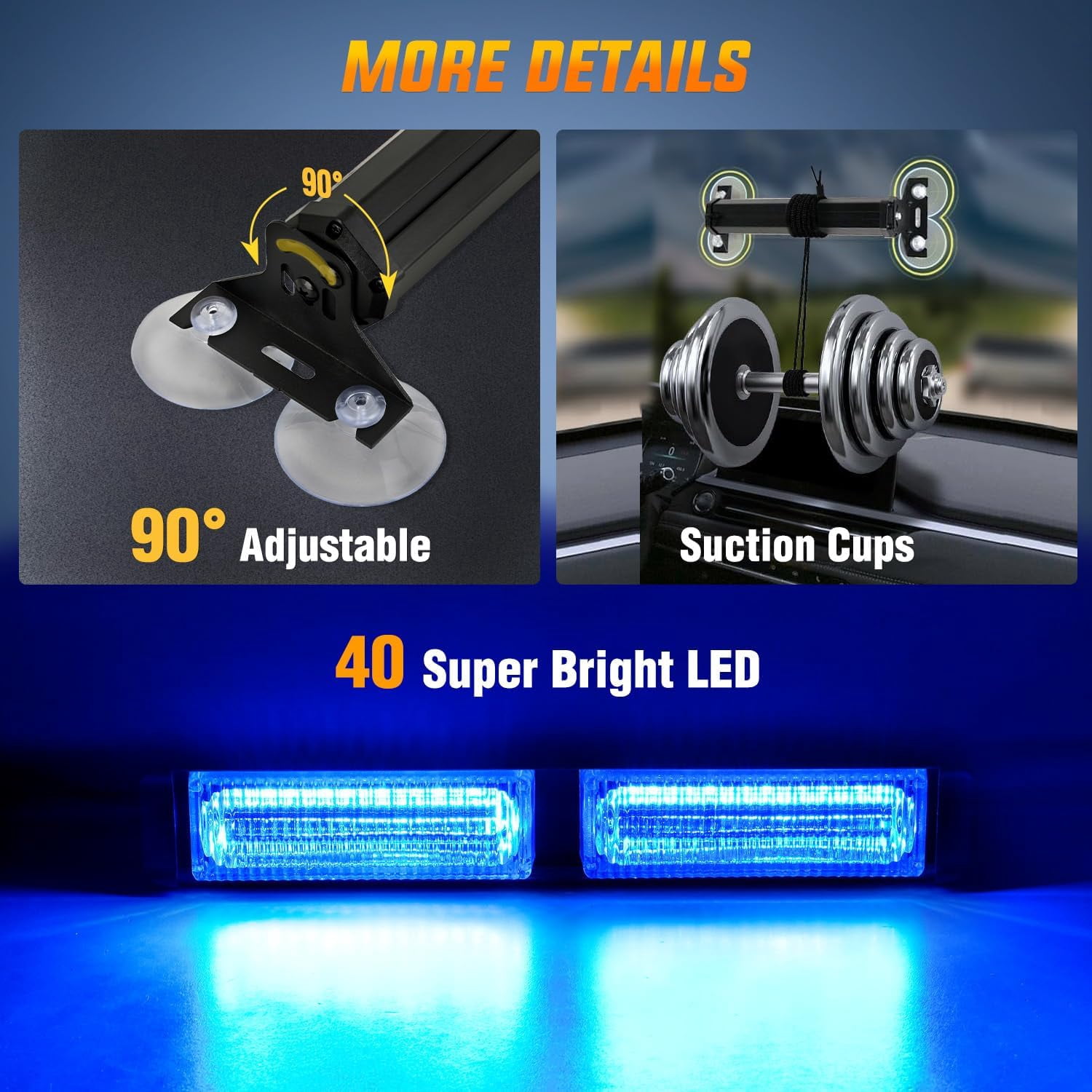 Nilight 40LED Blue Emergency Strobe Advisor Light Bar with Suction Cups Dash Safety Warning Hazard Flashing Lights Interior Front/Rear Windshield for Trucks Construction Vehicles