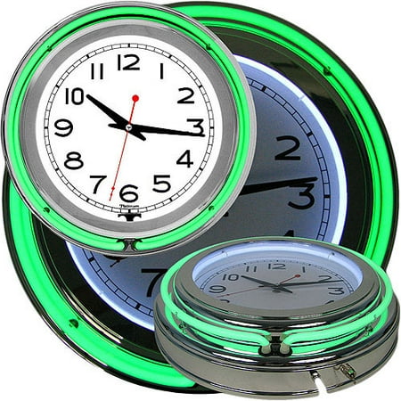 White Vintage Wall Clock Retro Neon Wall Clock - Battery Operated Wall Clock Vintage Bar Garage Kitchen Game Room – 14 Inch Round Analog by Lavish Home (Green and White) ()