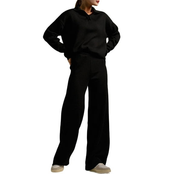 Women'S 2 Piece Outfits Sweater Set Wide Leg Pants V-Neck Sweatsuit Loungewear Black L