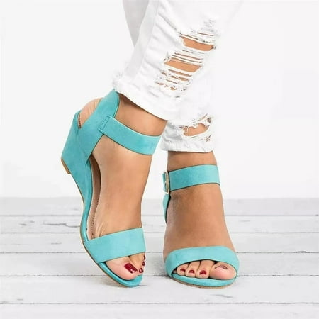 

Women s Solid Color Round Toe Wedge Heel Buckle Suede Low Top Sandals Shoes