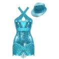 thumbnail image 3 of YONGHS Womens Jazz Latin Dance Costume Shiny Tassel Dance Leotard Bodysuit with Sequined Hat Sky Blue L, 3 of 7