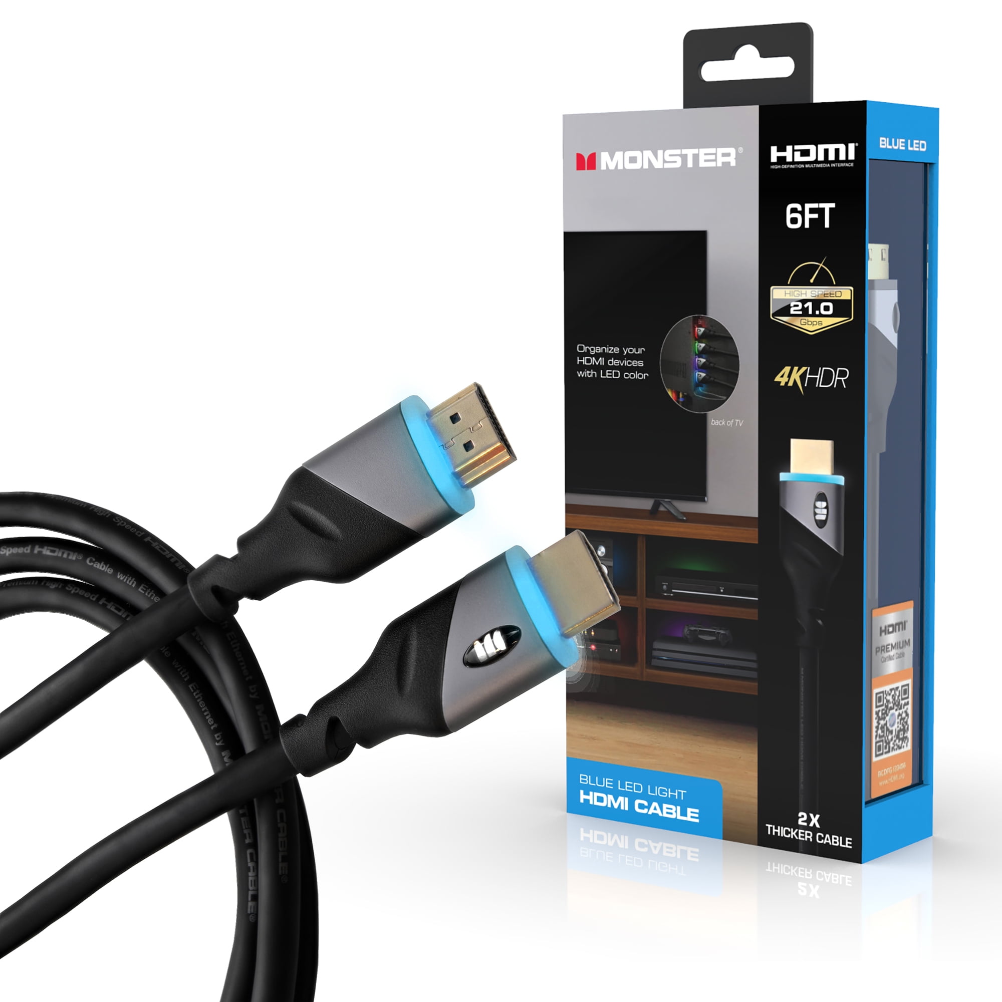 Monster High 4K HDR HDMI Cable with Built-in LED Light, Blue 6 Cord - Walmart.com
