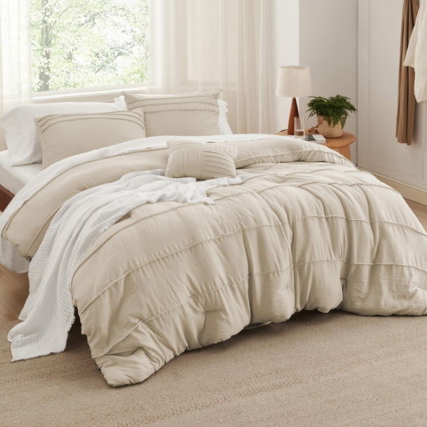 Juego de Edredón Bedsure Queen con Pliegues Pinch 4 Piezas Lino Estilo Bohemio