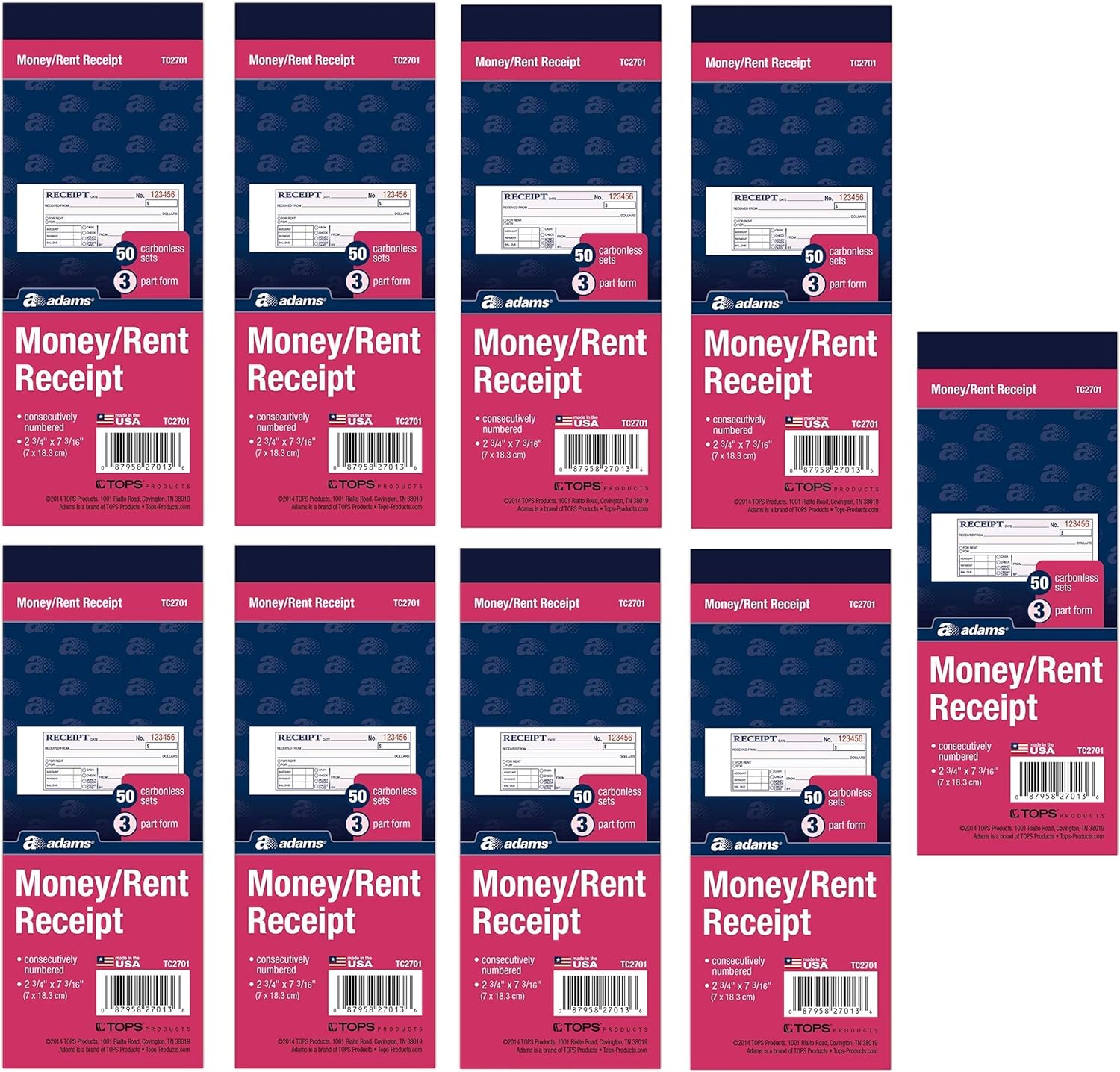 Adams Money And Rent Receipt Book, 2-Carbonless, Spiral Bound, 7-5/8 X 11 Inches