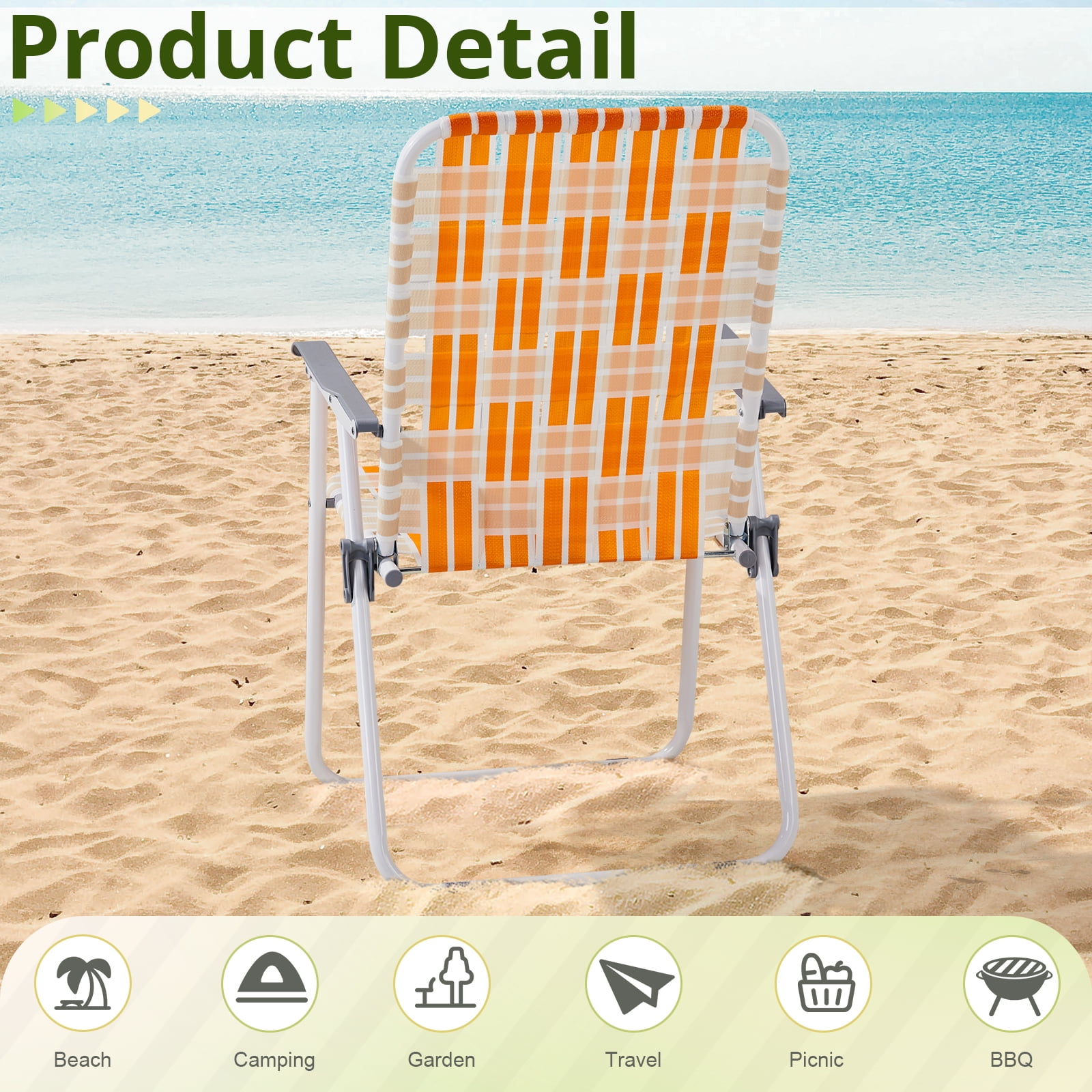 Set of 2 Webbed Folding Beach Chairs, Outdoor Patio Lawn Foldable Chairs for Camping Fishing Yard Poolside BBQ, Orange & White