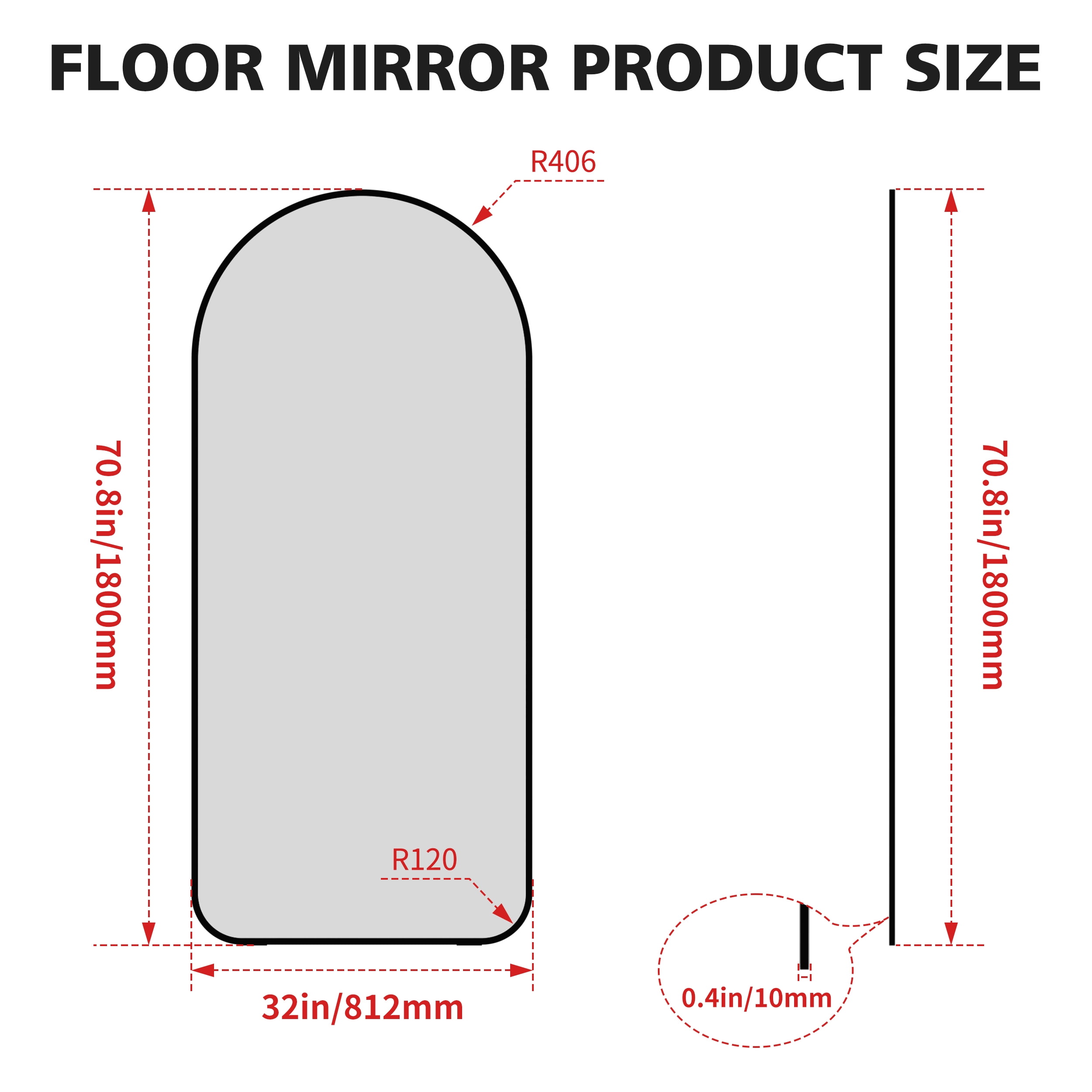 Full Length Floor Mirror with Arch Design and Metal Frame, High Definition Silver Mirror with Shockproof Packaging, Standing Mirror for Bedroom, 71"x32"