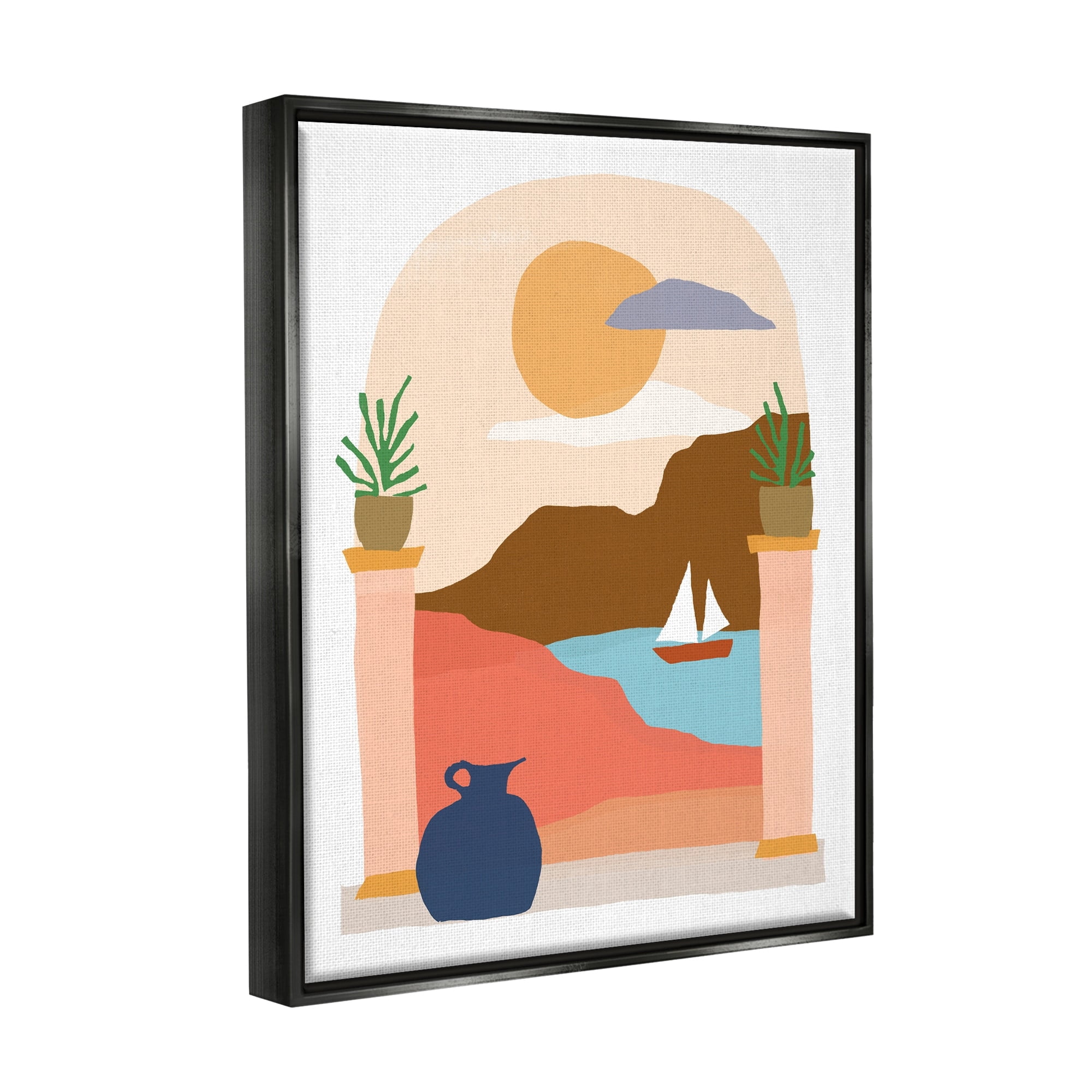 Stupell Industries Calm Distant Sailboat Arch Shaped Landscape Scene Graphic Art Jet Black Floating Framed Canvas Print Wall Art, Design by June Erica Vess