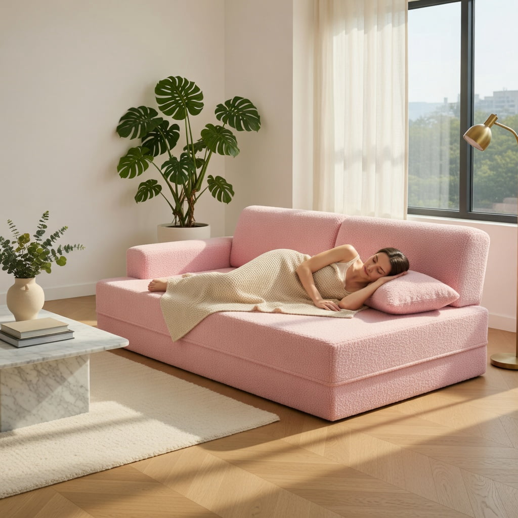 Hommoo 75.5" 2-in-1 Folding Sofa Bed, Plush Teddy Fleece Convertible Loveseat with Removable Washable Covers & 2 Ergonomic Pillows, Pink