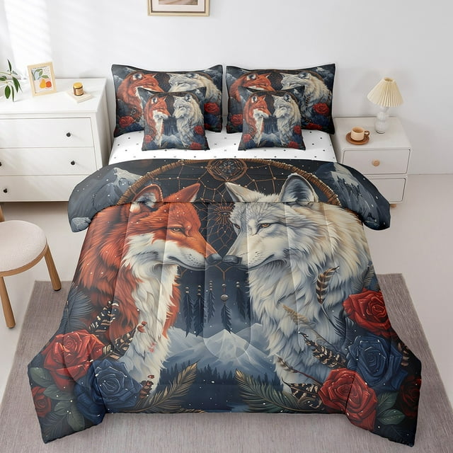 YST Wild Wolf Couple Animal Comforter Set, Full Size 7 Count