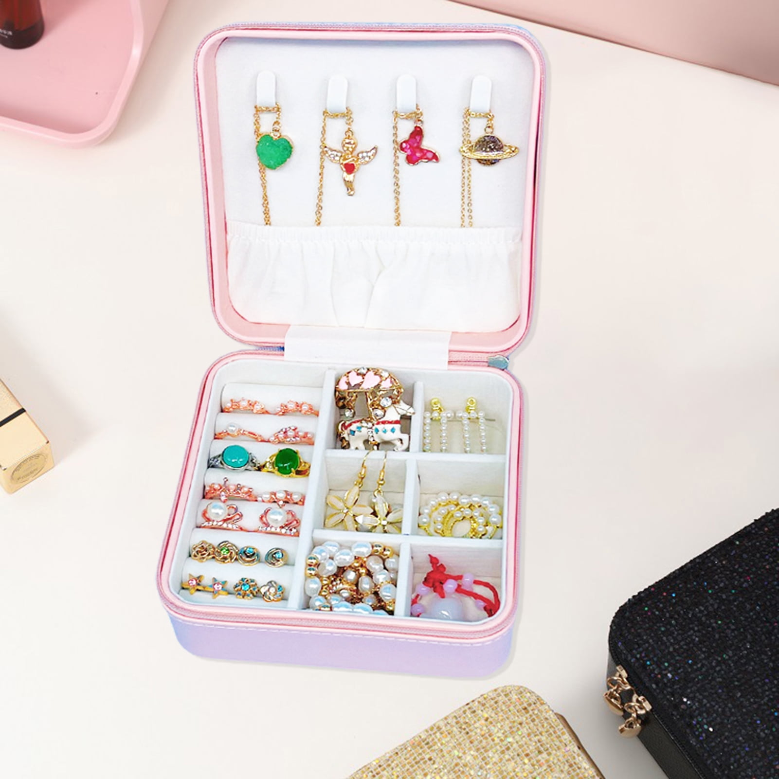 Travelwant Jewelry Organizer, Small Jewelry Box Earring Holder for Women, Jewelry Storage Box 4-Layer Rotatable Jewelry Accessory Storage Tray with