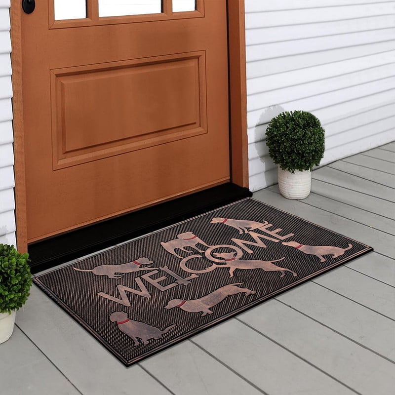 A1HC Rubber Pin Doormat Outdoor Entrance, Fun Designed Floor, Welcome Front Door Indoor Non-Slip Backing Mat for Outside, 18" X 30", Dogs Playing