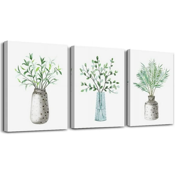 Canvas Wall Art Paintings For Kitchen Dining Room Family Wall Decor For Bedroom Wall Decoration For Living Room Office Decor Green Leaf Vase Wall Pictures Artwork For Home Walls 3 Piece