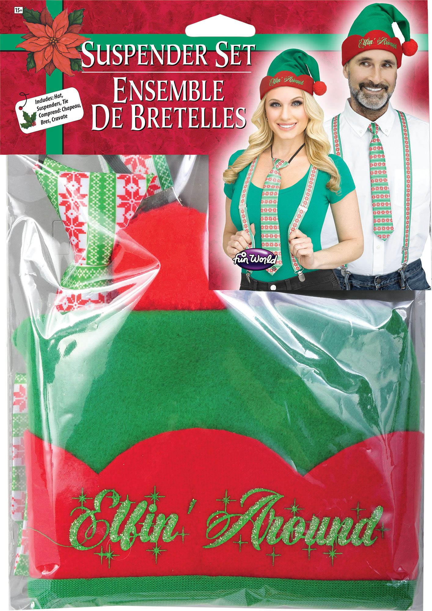 3pc Green and Red Nordic Snowflakes Christmas Suspender Kit - One Size Fits Most
