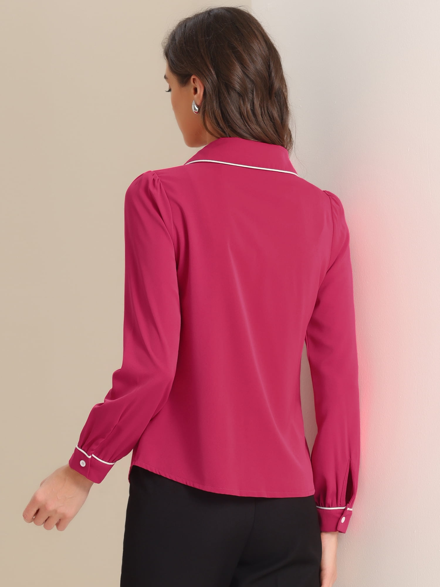 DARING DIVA Women's Peter Pan Collar Shirt Puff Sleeve Blouse Tops M Fushcia