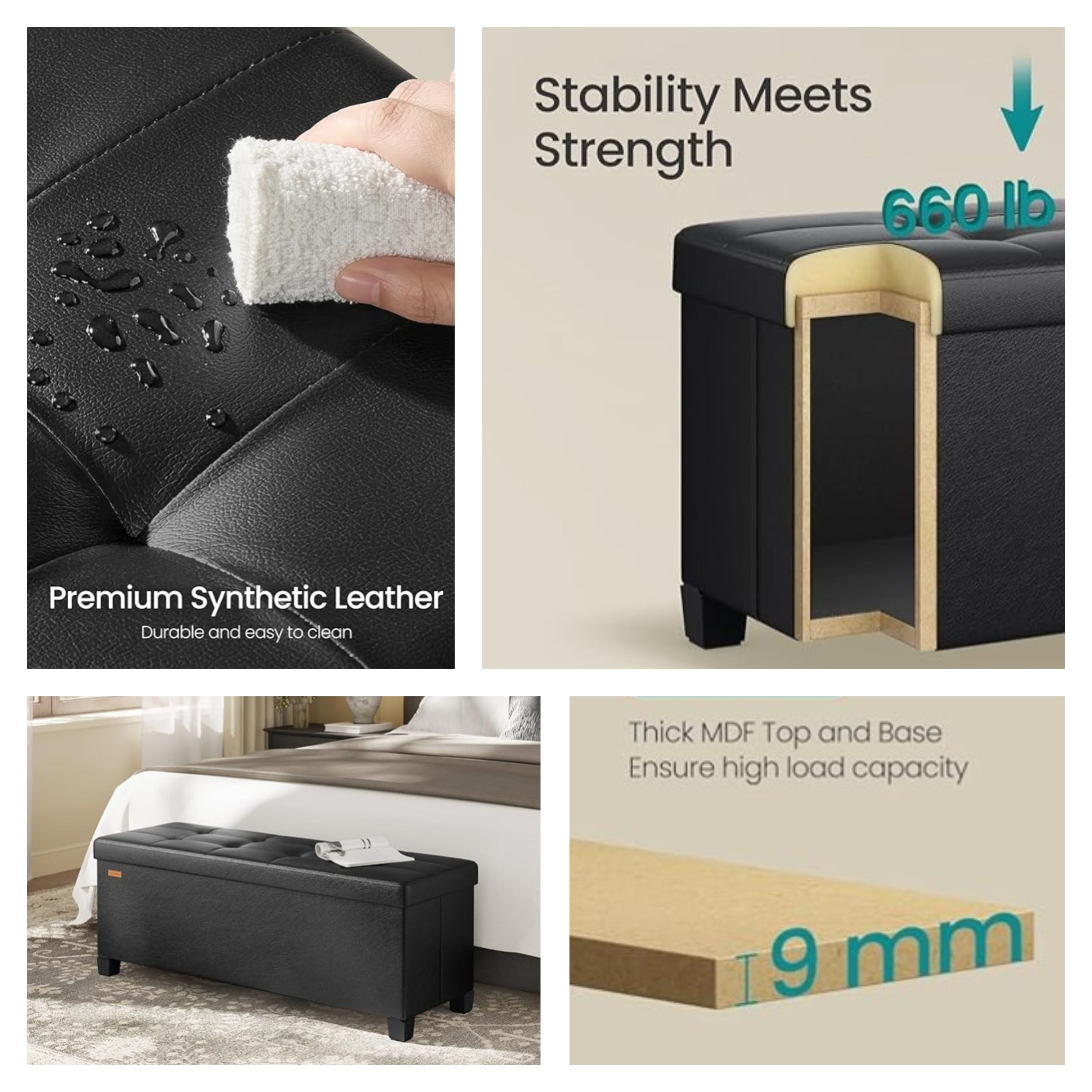 LEDREM 43-Inch Storage Ottoman Bench, 660 lb Capacity Foldable Footrest with 30 Gallon Storage, Synthetic Leather, Ink Black