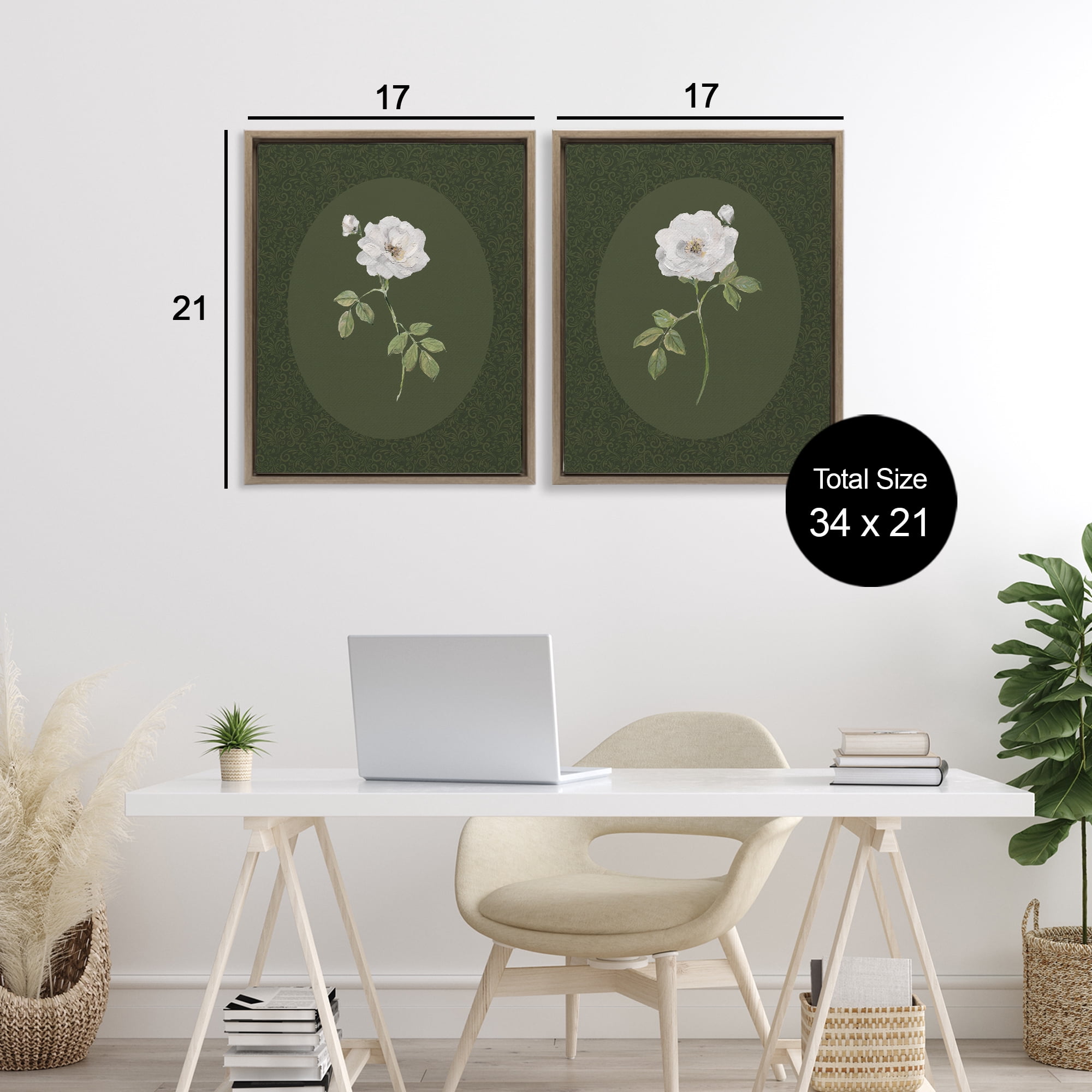 Stupell Industries Ornate Rose Studies over Emerald 2 Piece Brown Framed Floater Canvas Set, design by Sally Swatland