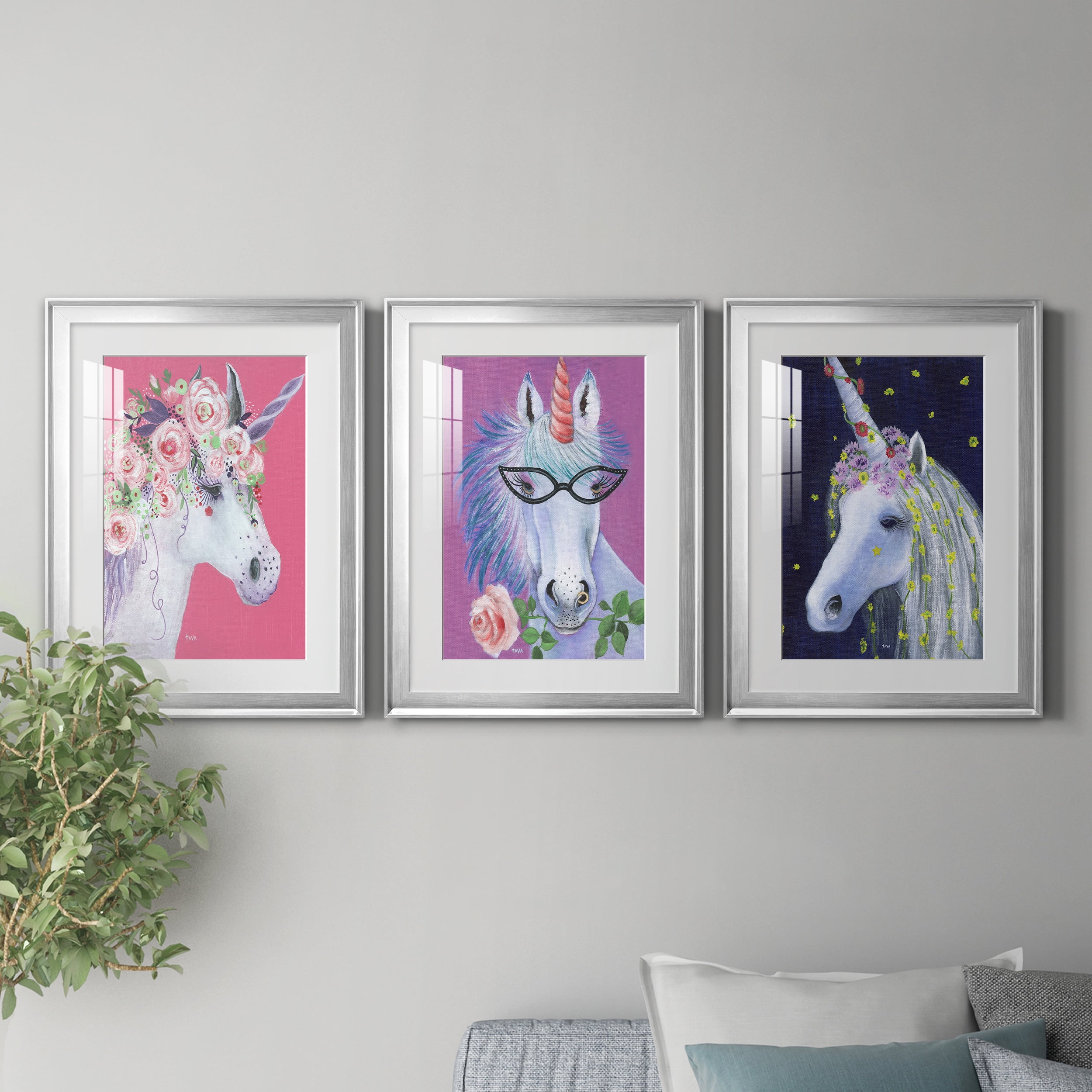 Unicorn II Premium Framed Prints Set of 3 - Ready to Hang - 18 x 24 Each - Silver Frame