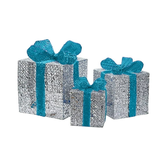 WEGFTDUOP Silver Metal Christmas Lighted Boxes Set of 3, LED Battery-Operated Gift Present Decorations for Outdoor Yard Porch, Stackable Waterproof, 3 Sizes, 3AA Batteries Not Included