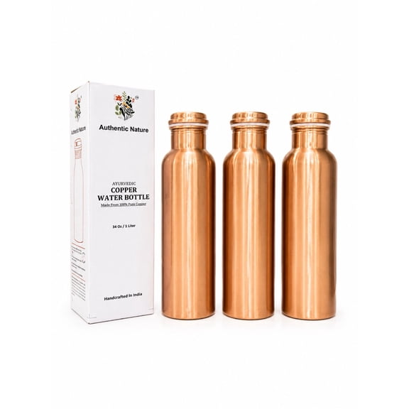 Authentic Nature Ayurvedic Copper Water Bottle, Pure Copper, 1 Litre/34 Oz, Plain, With Health Benefits, Handcrafted in India (Pack of 3 Bottles)