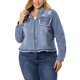 thumbnail image 2 of Women's Plus Size Denim Jacket Turndown Collar Chest Pocket Frayed Hem Crop Jean Jackets Blue 1X, 2 of 7