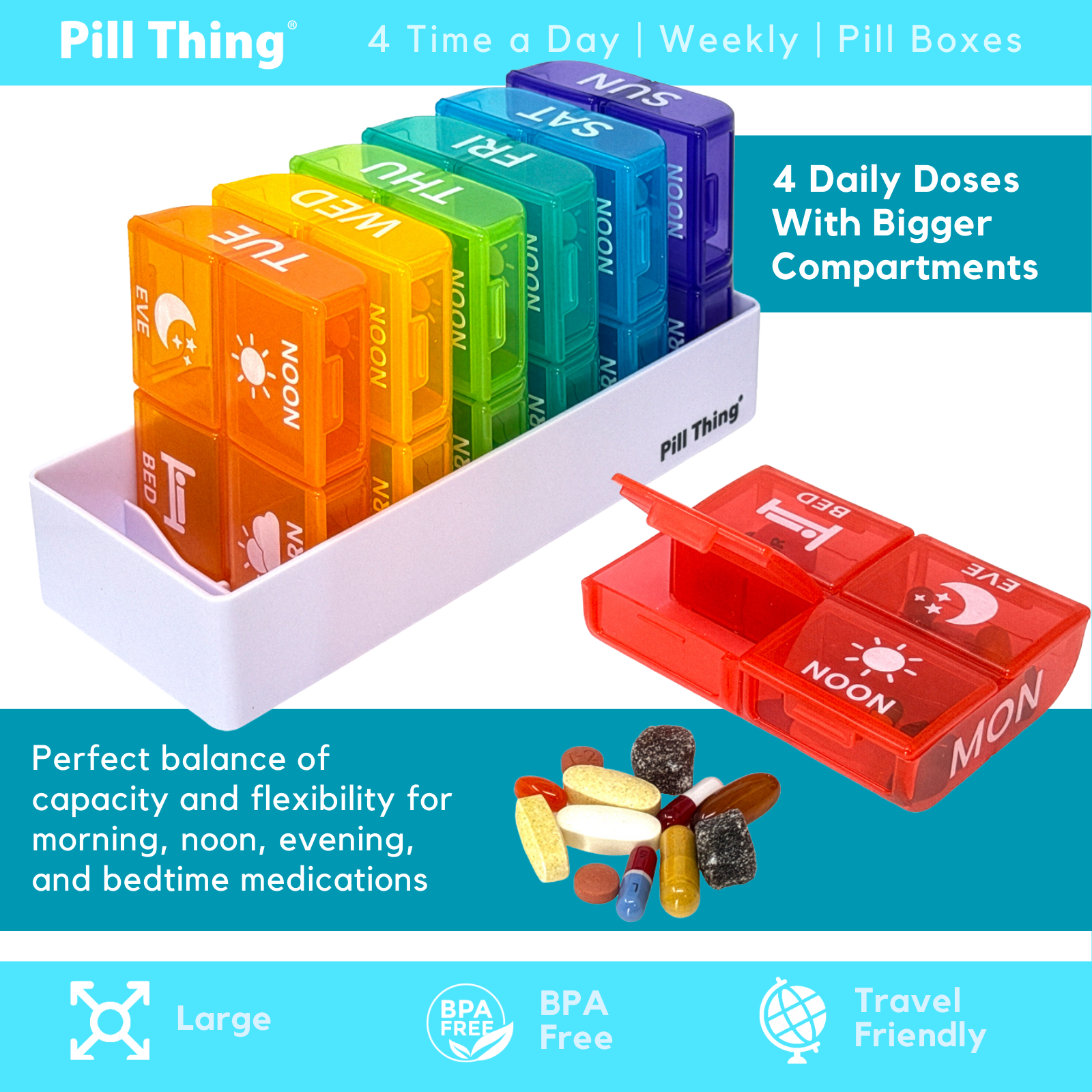 Large Weekly 4-Time Daily Pill Organizer, 7 Day Color-Coded Pill Boxes with Spacious Compartments, Snap-In Tray, BPA-Free, Medical Alert Card, 1 Pack