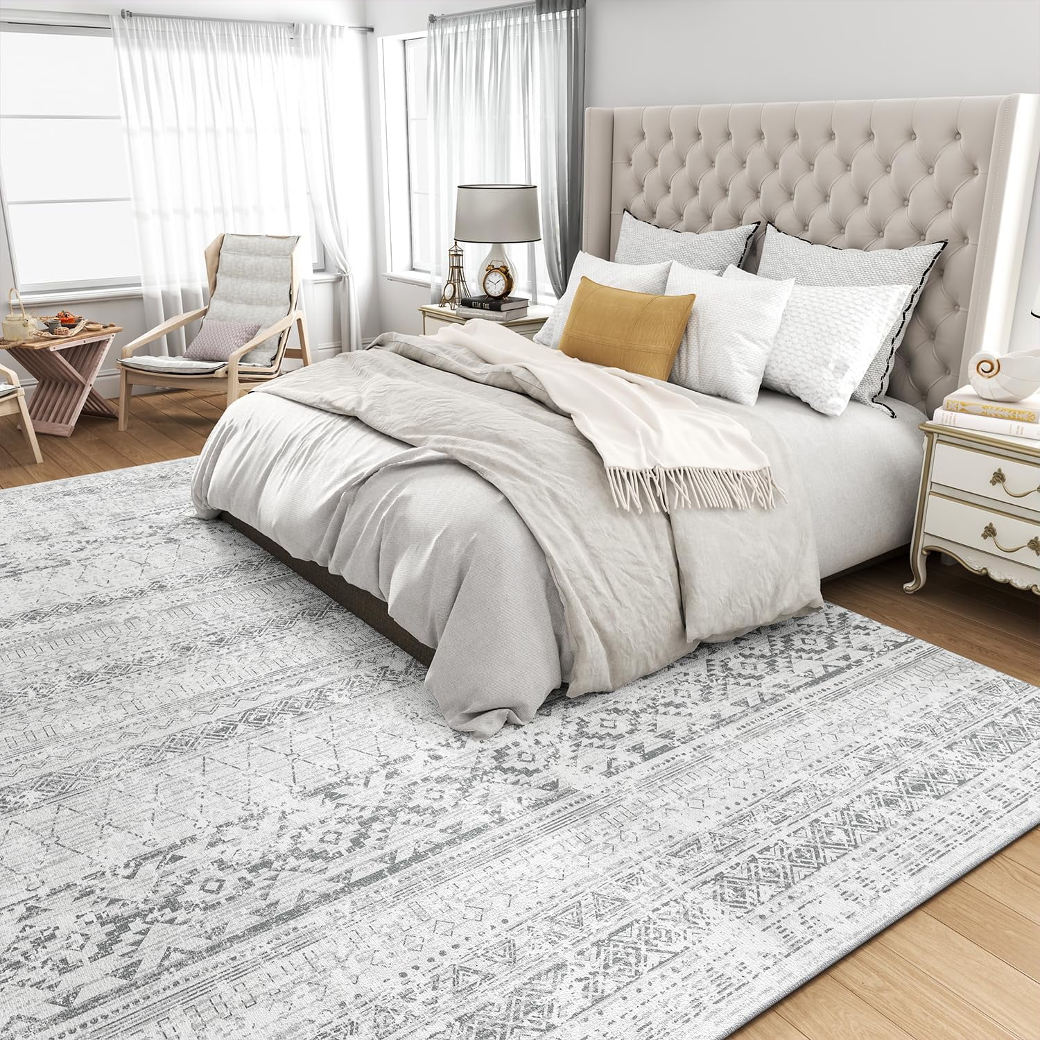 SIXHOME 6'x9' Area Rugs for Living Room Washable Rugs Boho Geometric Living Room Rug Moroccan Neutral Carpet Non Slip Soft Distressed Rugs for Bedroom Dining Room Office Modern Home Decor Gray