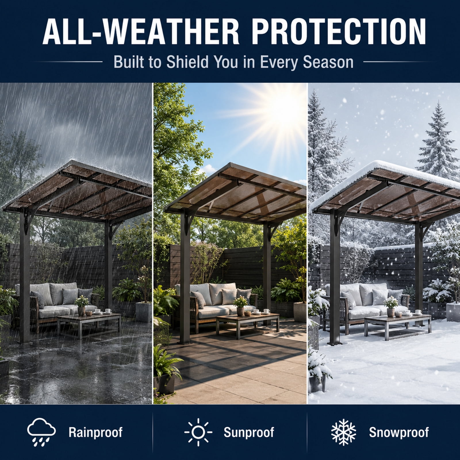 Mintazer 5x8ft Outdoor Wall-Mounted Patio Canopy, Heavy Duty Metal Awning with PC Roof, Freestanding Sun Shelter for Backyard, Bike, Grill & Patio Seating