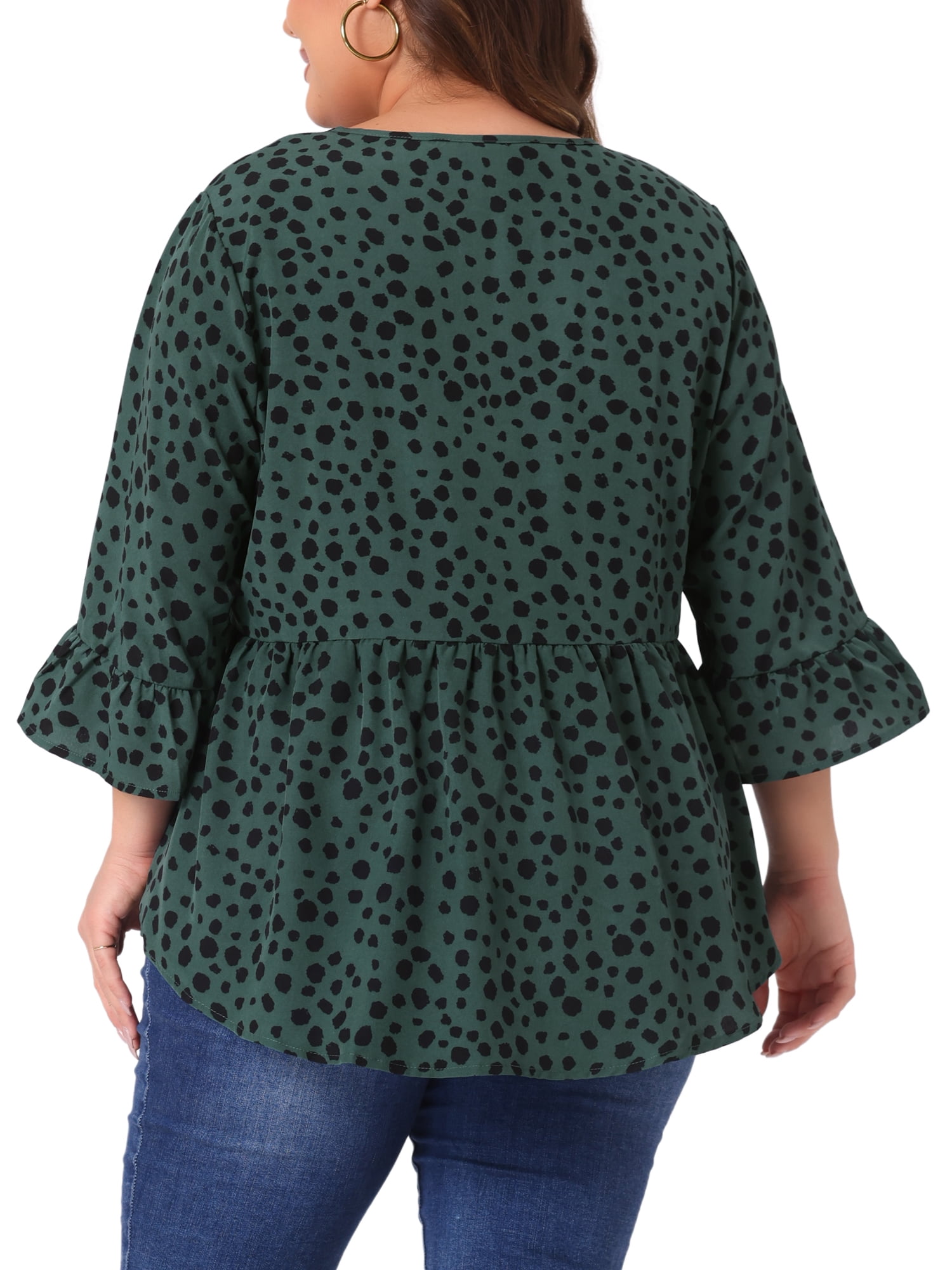 DARING DIVA Women's Plus V Neck Ruffle Sleeve Polka Dots Babydoll Top 2X Dark Green