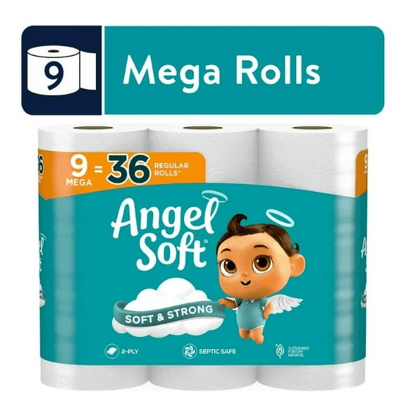 Angel Soft Toilet Paper, 9 Mega Rolls, Soft and Strong Toilet Tissue