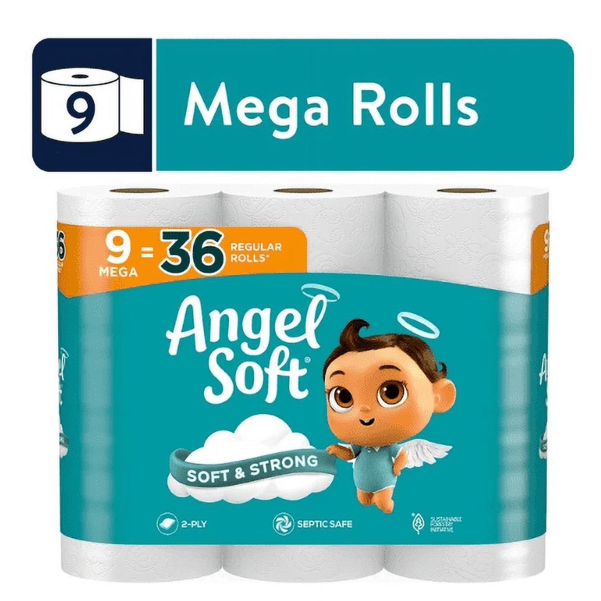 Angel Soft Toilet Paper, 9 Mega Rolls, Soft and Strong Toilet Tissue