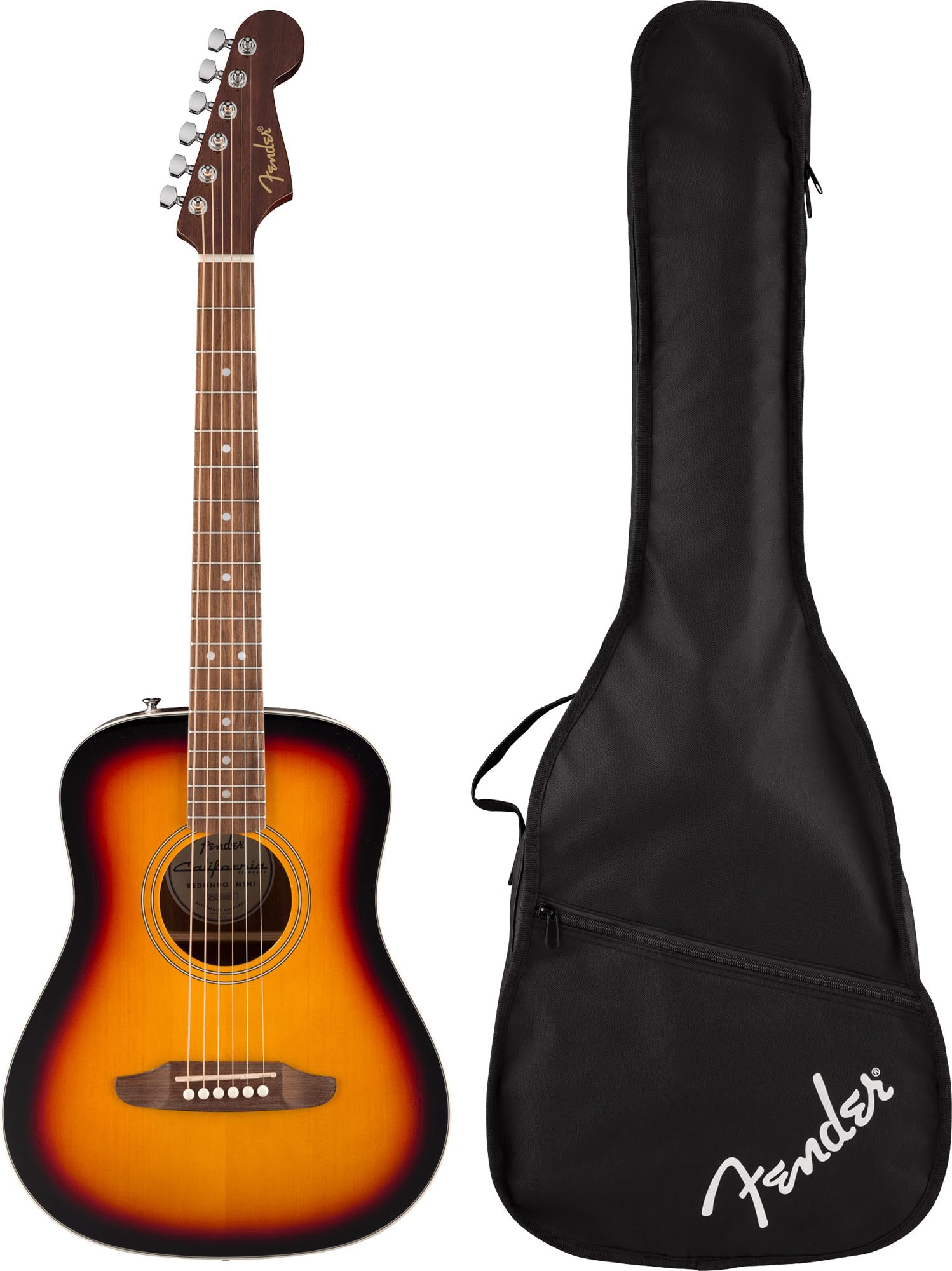 Fender California Standard Redondo Mini Acoustic Guitar - 3 Color Sunburst Bundle with Hard Case, Gig Bag, Tuner, Strings, Strap, String Winder, Picks, and Austin Bazaar Instructional DVD
