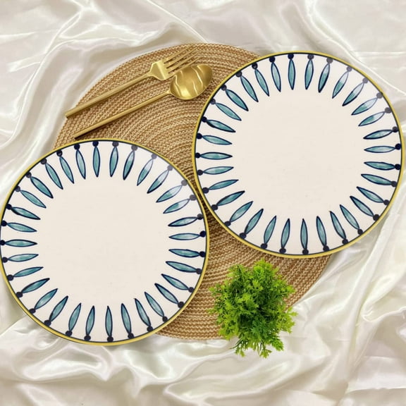 Hand Painted Ceramic Dinner Serving Plates Set Of 2 - White & Blue, 10 Inches | Full Plates | Platter - Kyoto Collection