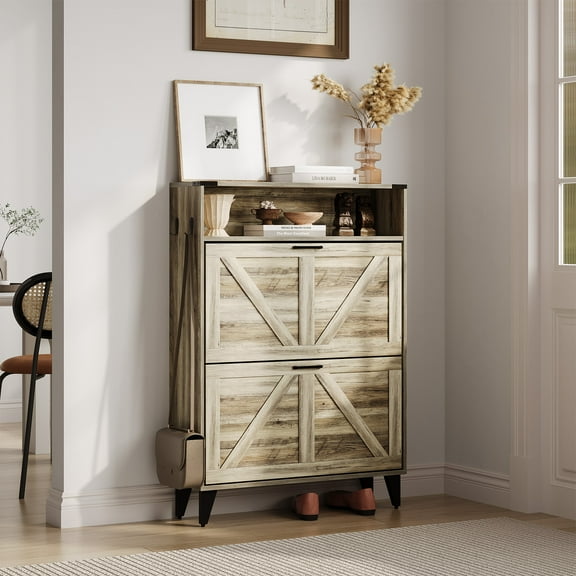 GAOMON Wooden Shoe Cabinet, 2 Flip-up Drawers, Holds 20 Pairs of Shoes, Side Hooks, Retro Gray