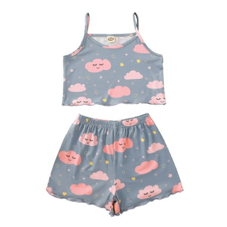 

Utoimkio Toddler Girl Dresses Clearance Sleeveless Casual Dresses for Girls Toddler Baby Kids Girls Cartoon Cloud Print Gallus Top+Cloud Short Pants Sets