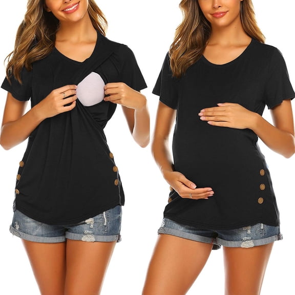 Tejiojio Maternity/Labor/Nursing Clothing Women's Maternity Short Sleeve Side Button Tunic Nursing Tops For Breastfeeding