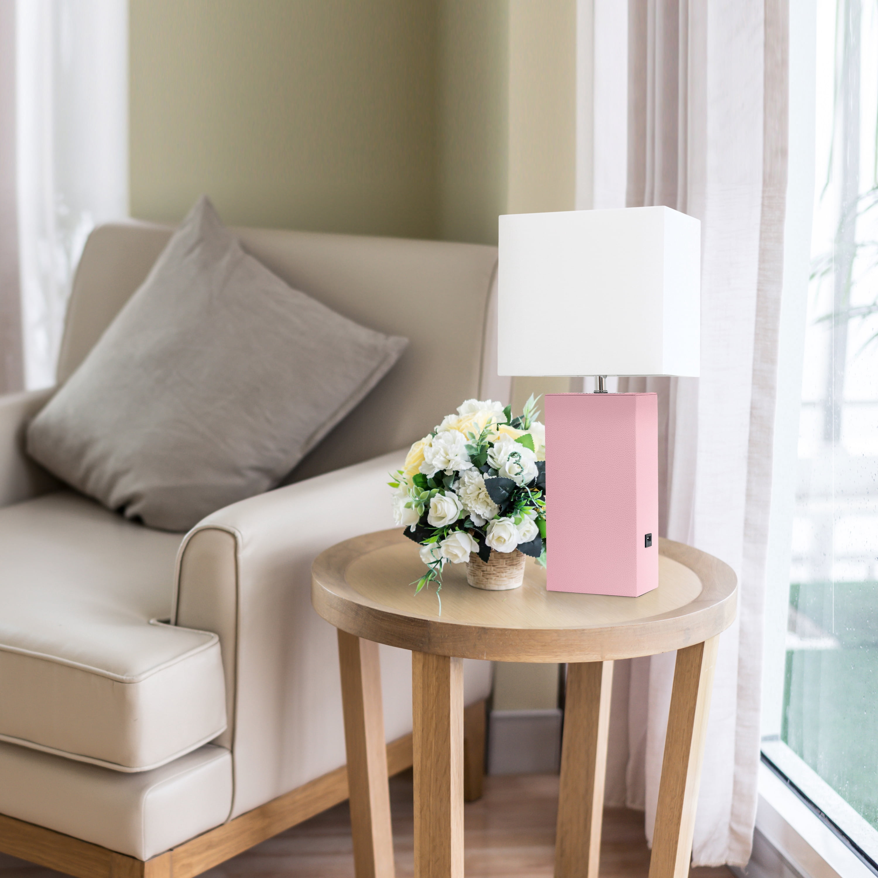 Lalia Home 21" Leather Modern Bedside Table Lamp with USB Port and LED Bulb, Pink