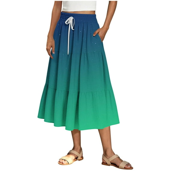 Ygbgbb Women's Drawstring Elastic Waist Ombre Print Tiered Maxi Skirt Flowy A-Line Ruffle Long Skirt for Casual Daily & Beach Vacation & Spring Summer Wear Green XL