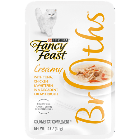 UPC: 0050000963652 | (16 Pack) Fancy Feast Limited Ingredient Wet Cat Food Complement Broths Creamy With Tuna Chicken & Whitefish 1.4 oz. Pouches